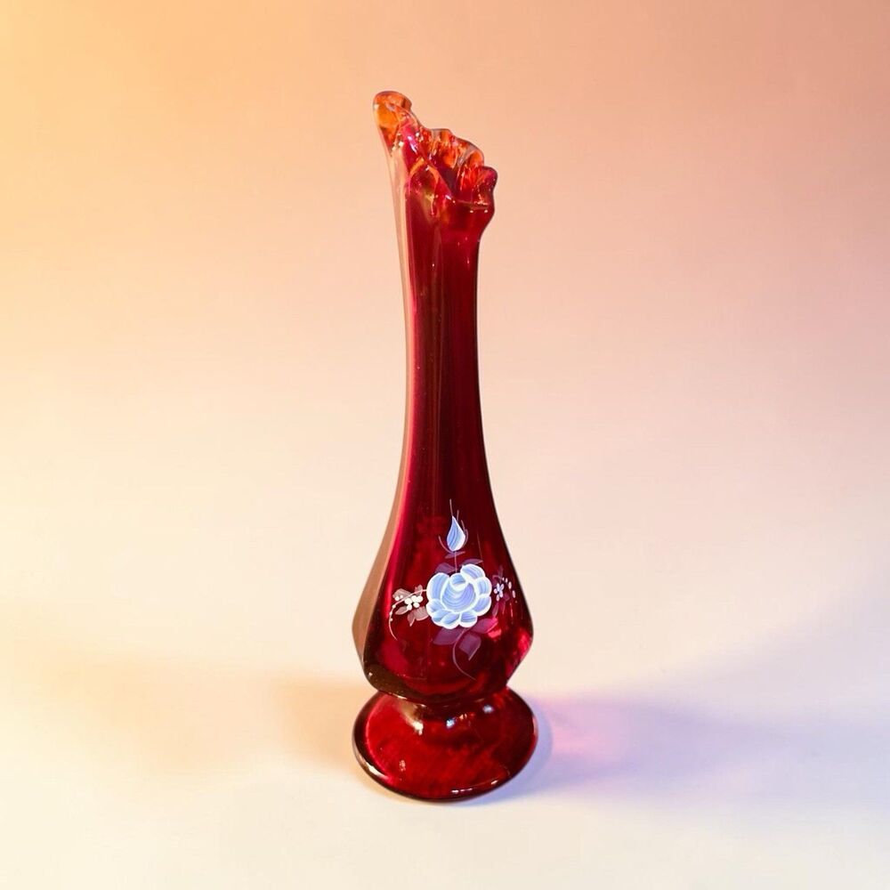 Vintage Signed Fenton Ruby Red Swung Bud Vase Hand Painted White Roses 7.5”